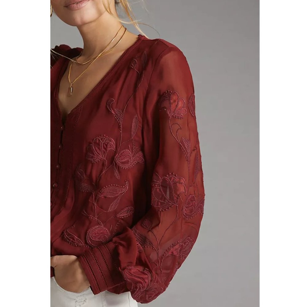 Anthropologie Embroidered Floral Buttondown Wine Red - Medium - Picture 3 of 7